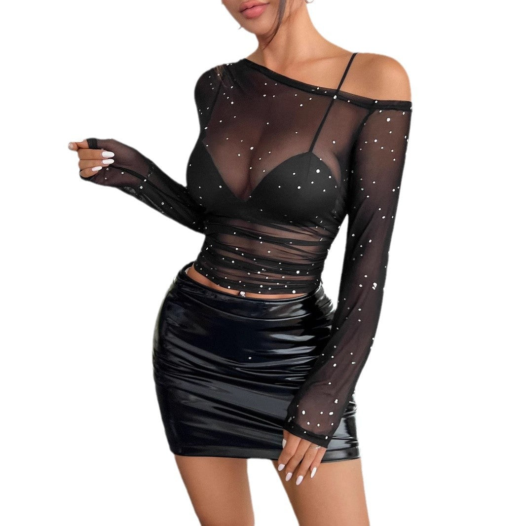 Damen nan asymmetrisches Mesh-Crop-Top mit integriertem Bustier, Raffung und Strassbesatz Echo Archiv