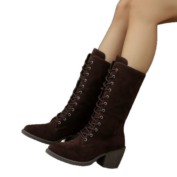 Damen Elegante Schnürstiefel aus Veloursoptik mit mittelhohem Schaft und komfortablem Blockabsatz Echoarchiv