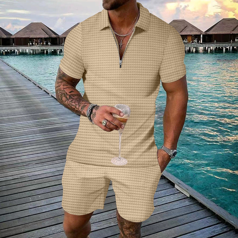 Herren modisches Kurzarm-Set mit schmalem Kragen und praktischem Zipper Echoarchiv