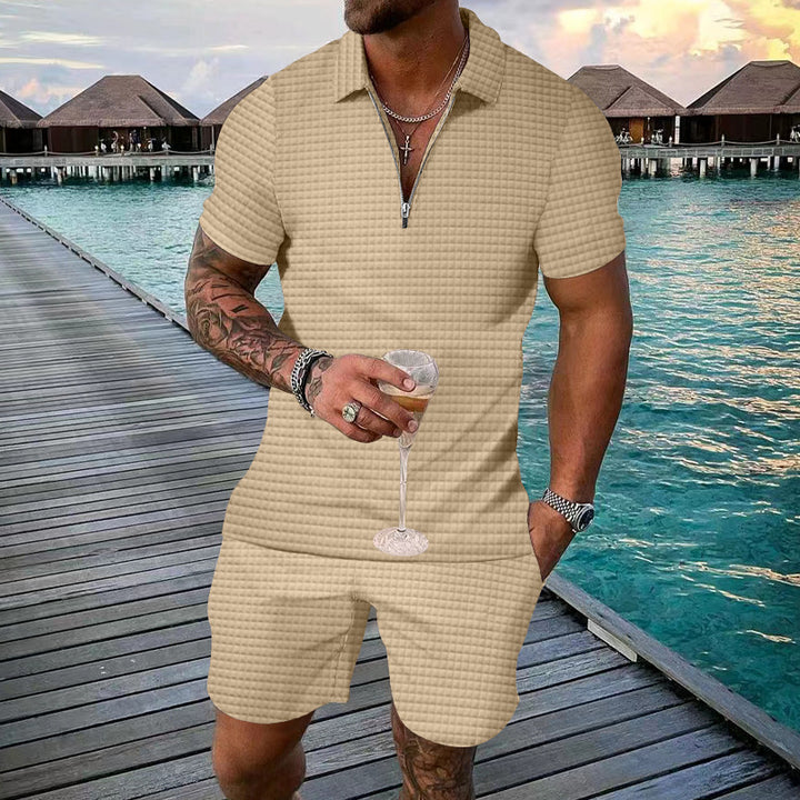 Herren modisches Kurzarm-Set mit schmalem Kragen und praktischem Zipper Echoarchiv