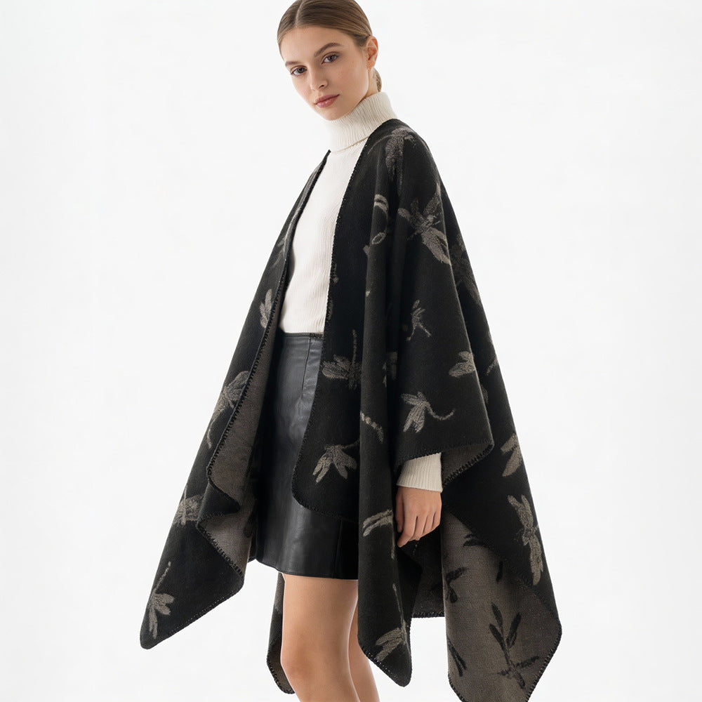 Damen Reversibler Cape-Poncho mit Libellen-Jacquard und feinem Saum – Célinea