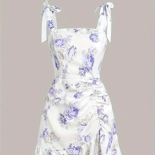 Damen Spaghettiträger Mini-Kleid mit floralem Design und Rüschensaum Echo Archiv