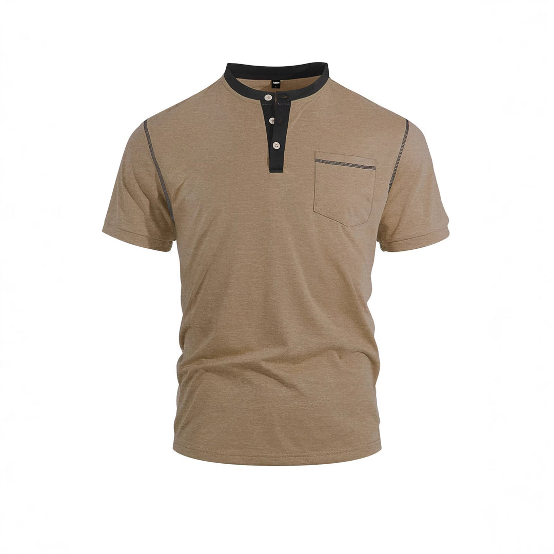 Herren nan legeres Kurzarm-Bandkragenshirt mit Knopfleiste Brusttasche und Flatlocknähten Echo Archiv
