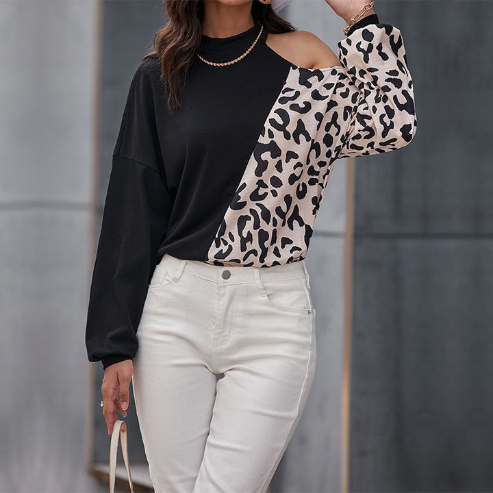 Damen Schulterfreies Sweatshirt mit Leoparden-Panel und Stehkragen Echoarchiv