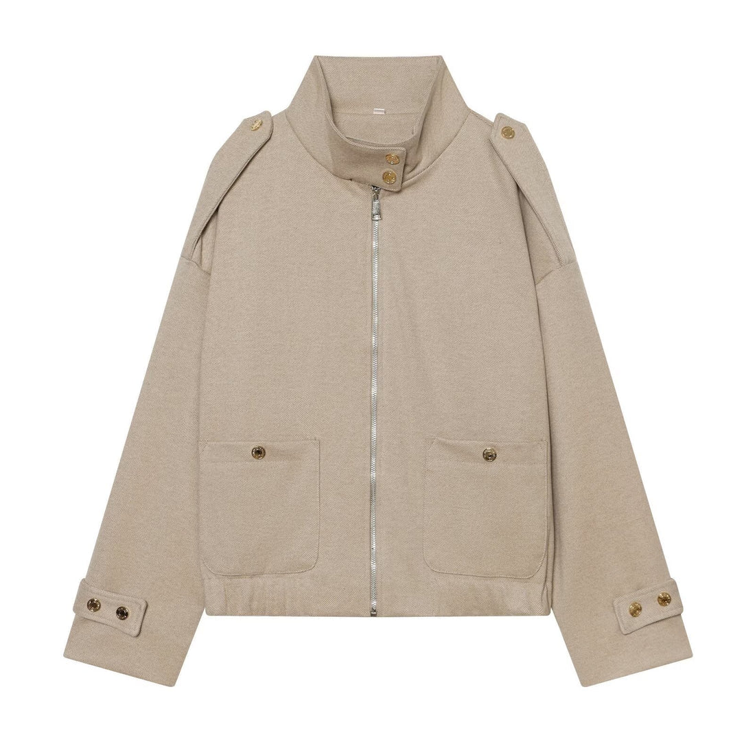 Damen Cropped Utility-Jacke mit hochgeschlossenem Kragen, Schulterklappen und aufgesetzten Pattentaschen Echoarchiv