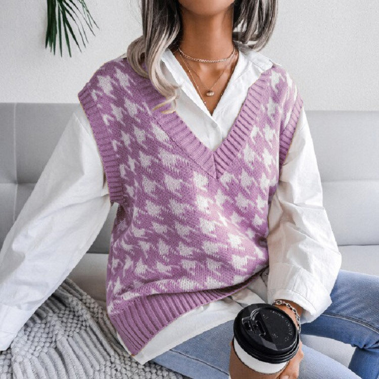 Damen Oversize Strickweste mit Hahnentritt-Muster und V-Ausschnitt Echo Archiv