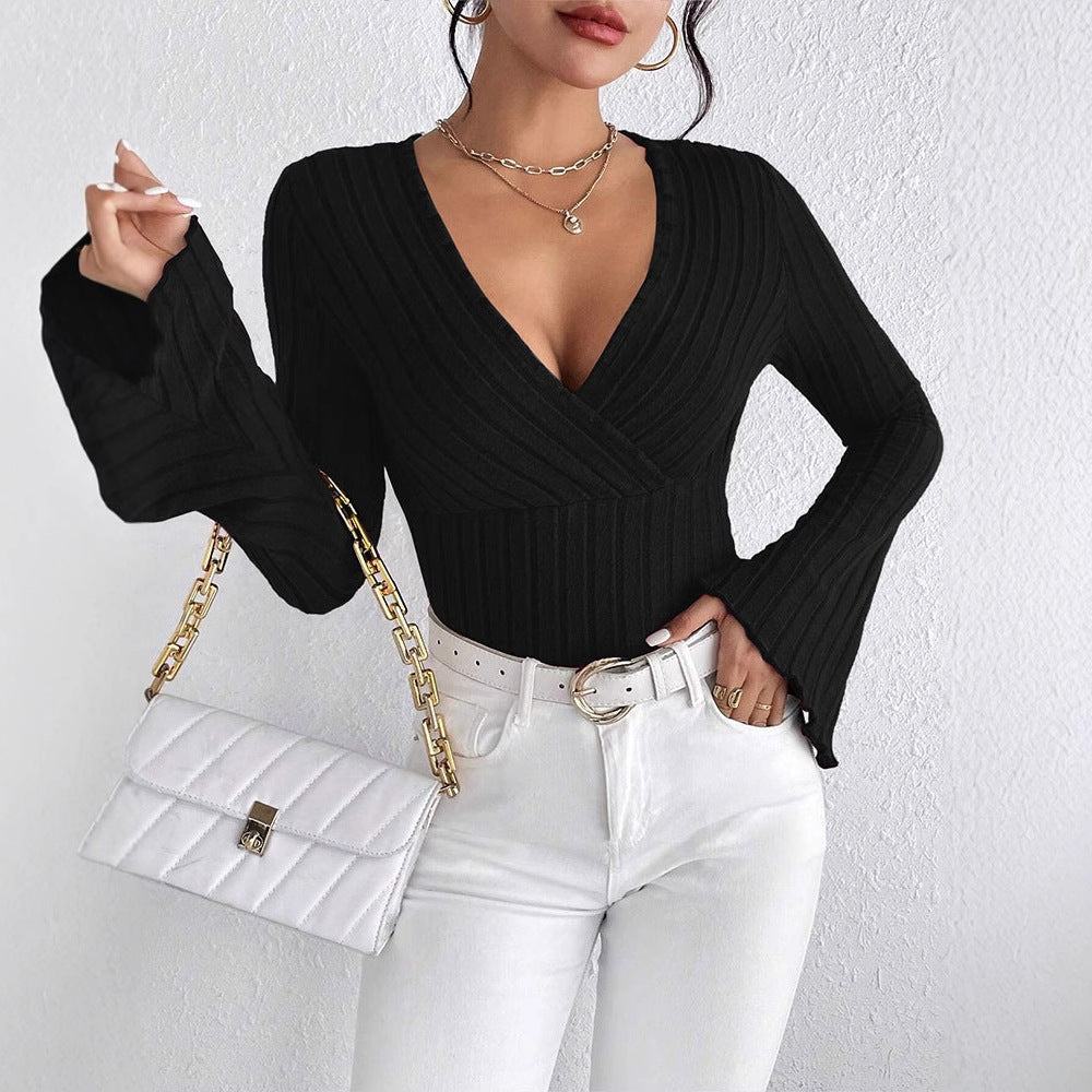 Damen elegantes Wickeloberteil mit Rippstrick und gedrilltem Design Echo Archiv