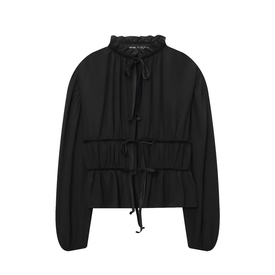Damen Leichte Chiffon-Cropped-Bluse mit Rüschenkragen und Taillenbändern Echoarchiv