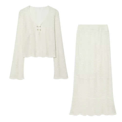 Damen Gestricktes Zweiteiler-Set mit V-Ausschnitt Croppedpullover und Midirock Echo Archiv