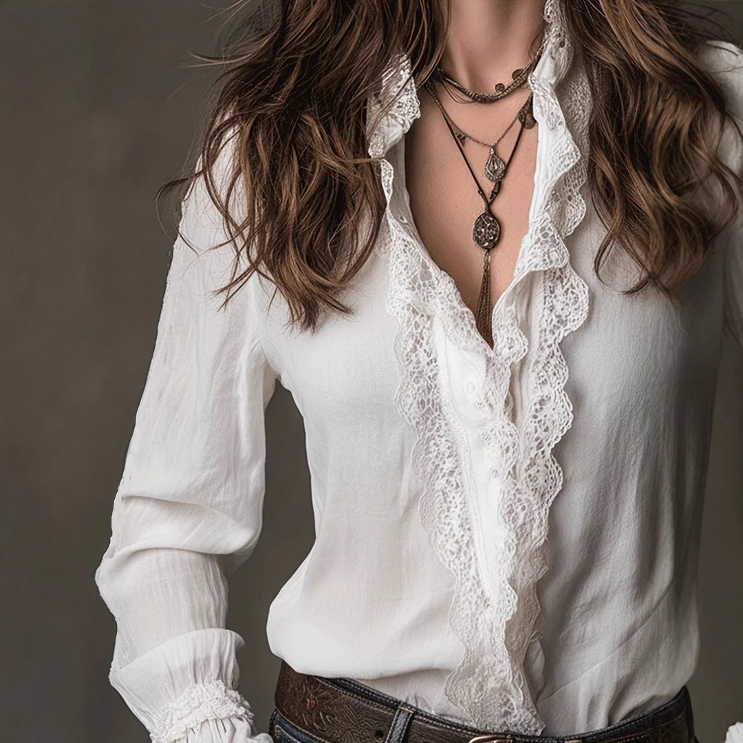 Damen elegante Bluse mit Rüschendetails und Spitzenbesatz Echo Archiv