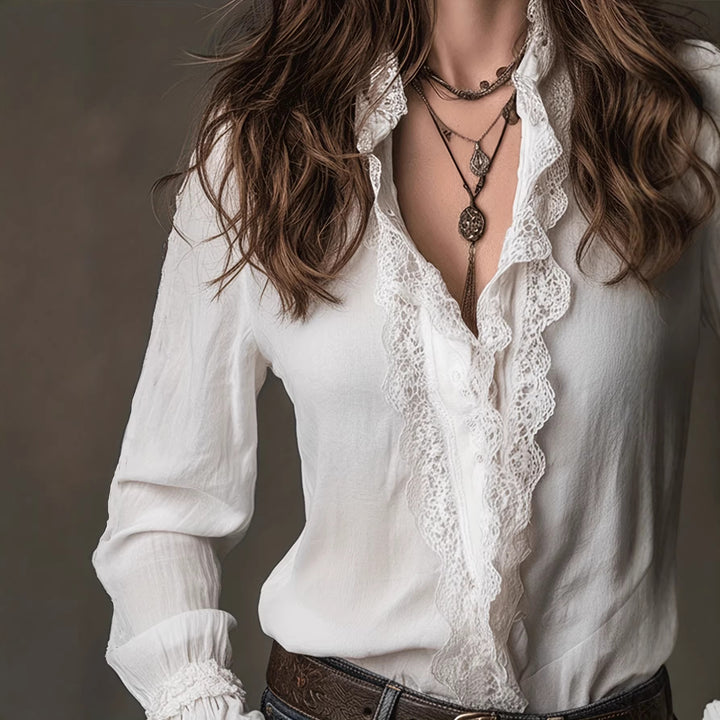 Damen elegante Bluse mit Rüschendetails und Spitzenbesatz Echo Archiv