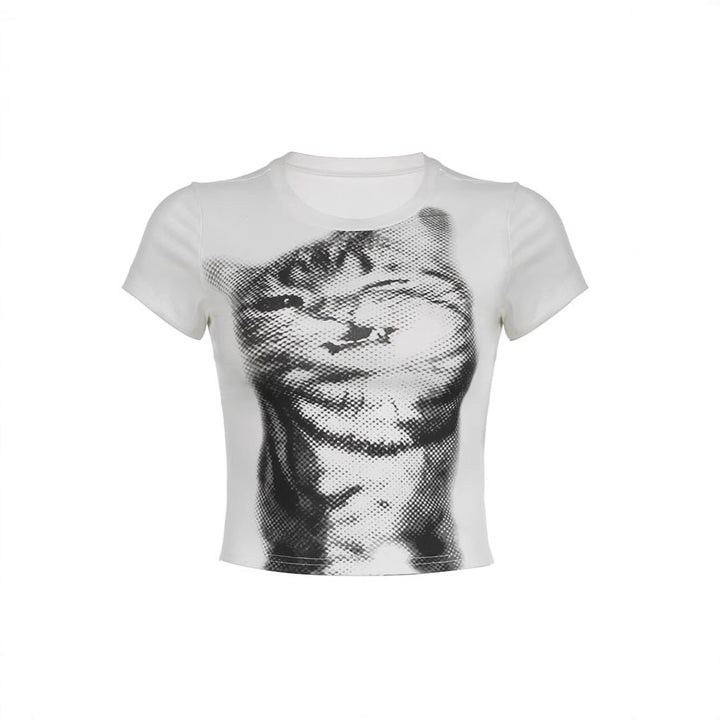 Damen Crop-T-Shirt mit kreativem Katzenmotiv Echo Archiv