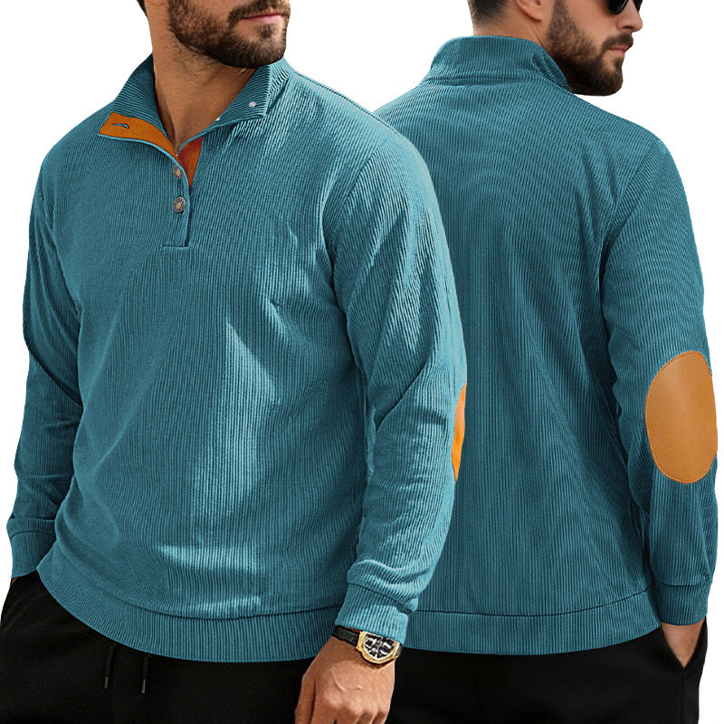 Herren nan lässiger Strukturpullover mit Polokragen, kurzer Knopfleiste und veganen Lederbesätzen Echo Archiv
