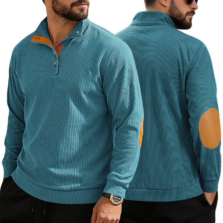 Herren nan lässiger Strukturpullover mit Polokragen, kurzer Knopfleiste und veganen Lederbesätzen Echo Archiv