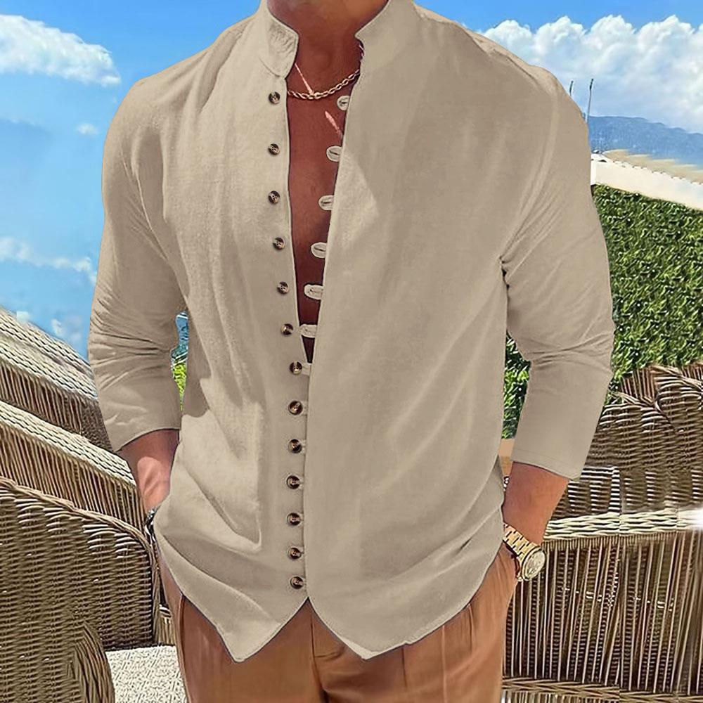 Herren Langarmhemd mit modernem stehkragen und kreativer Knopfleiste Echoarchiv