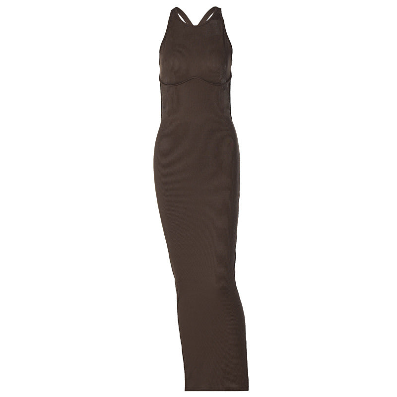 Damen körpernahes Strick-Maxi-Kleid mit raffiniertem Ausschnitt und langen Trägern Echo Archiv