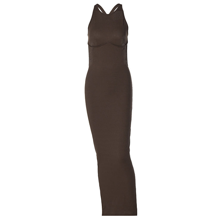 Damen körpernahes Strick-Maxi-Kleid mit raffiniertem Ausschnitt und langen Trägern Echo Archiv