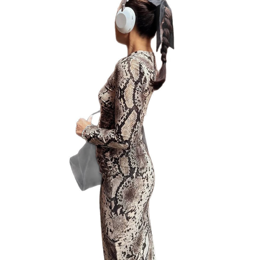 Damen Figurbetontes Maxikleid aus Stretch-Jersey mit Schlangenprint und Rundhalsausschnitt Echoarchiv