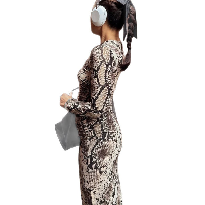 Damen Figurbetontes Maxikleid aus Stretch-Jersey mit Schlangenprint und Rundhalsausschnitt Echoarchiv