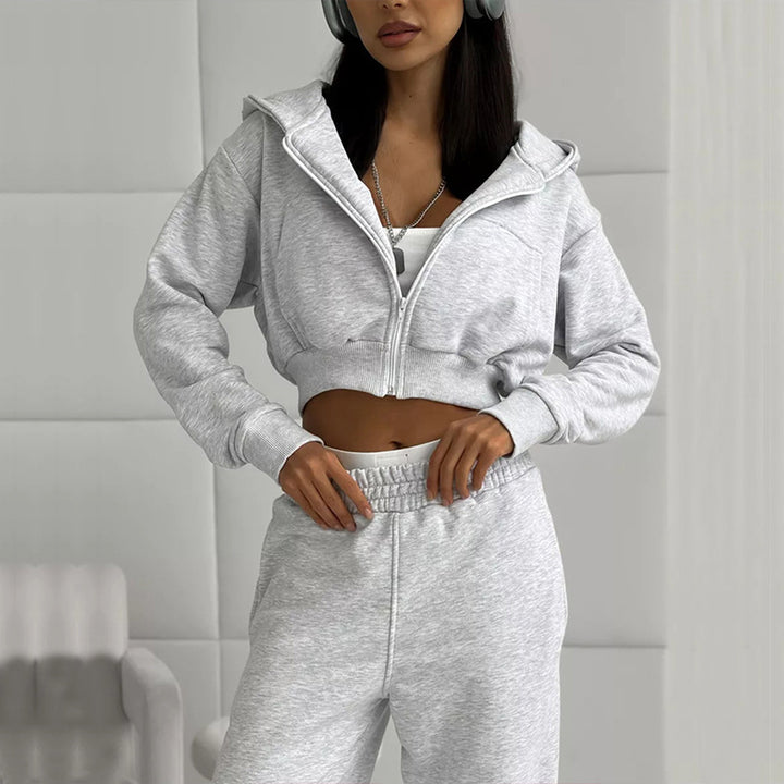 Damen kurzes Zip-Kapuzensweatshirt mit tailliertem Bündchen und weitem High‑Waist French‑Terry Jogginghose Set – Auréline