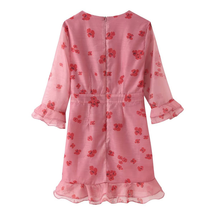 Damen Chiffon-Minikleid mit plissiertem Dekolleté, transparenten Volantärmeln und ausgestelltem Saum Echo Archiv
