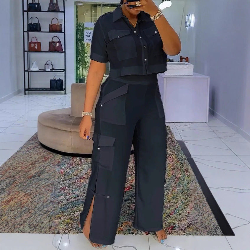 Damen nan zweiteiliges Hemd- und Cargo-Hosen-Set mit kurzem Oversize-Hemd, hoher Taille, weitem Bein und seitlichen Beinschlitzen Echo Archiv