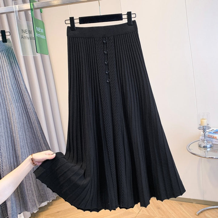 Damen Plissierter Maxirock mit Knopfdetails und feinem Wellenmuster – Valéora