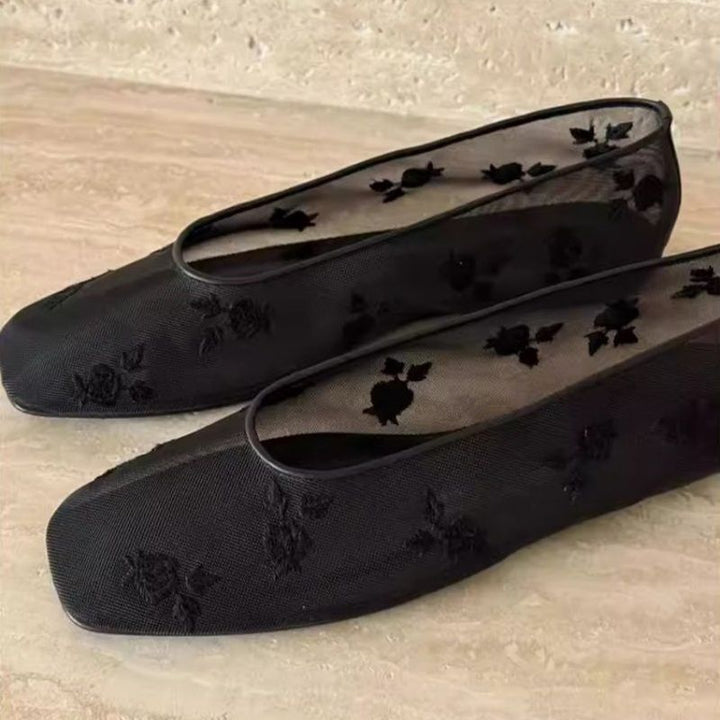 Damen Bestickte Mesh-Ballerinas mit quadratischer Zehenpartie und Rosenstickerei Echo Archiv