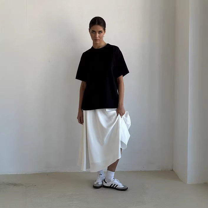 Damen Fließender Satin-Midirock mit hohem Bund und Tellerfalten Echoarchiv