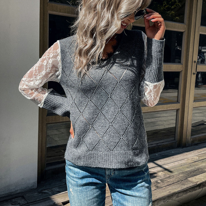 Damen Lässiger Feinstrickpullover mit Ajour‑Rautenmuster, transparenten Spitzenärmeln und gerippten Bündchen Echoarchiv