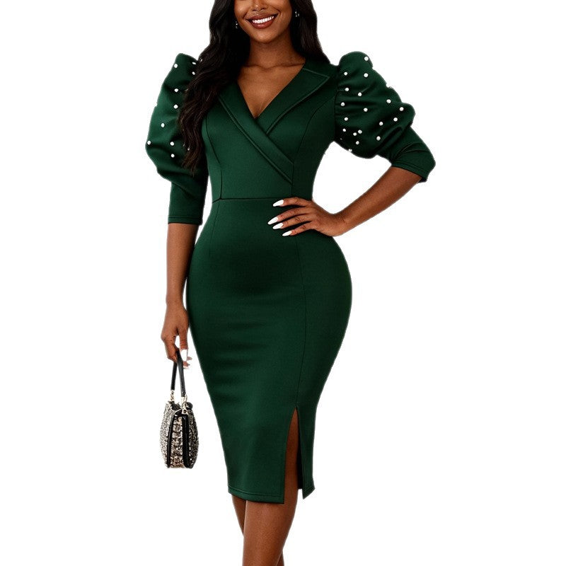 Damen figurbetontes Midi-Kleid mit voluminösen Puffärmeln und eleganten Perlenakzenten Echo Archiv