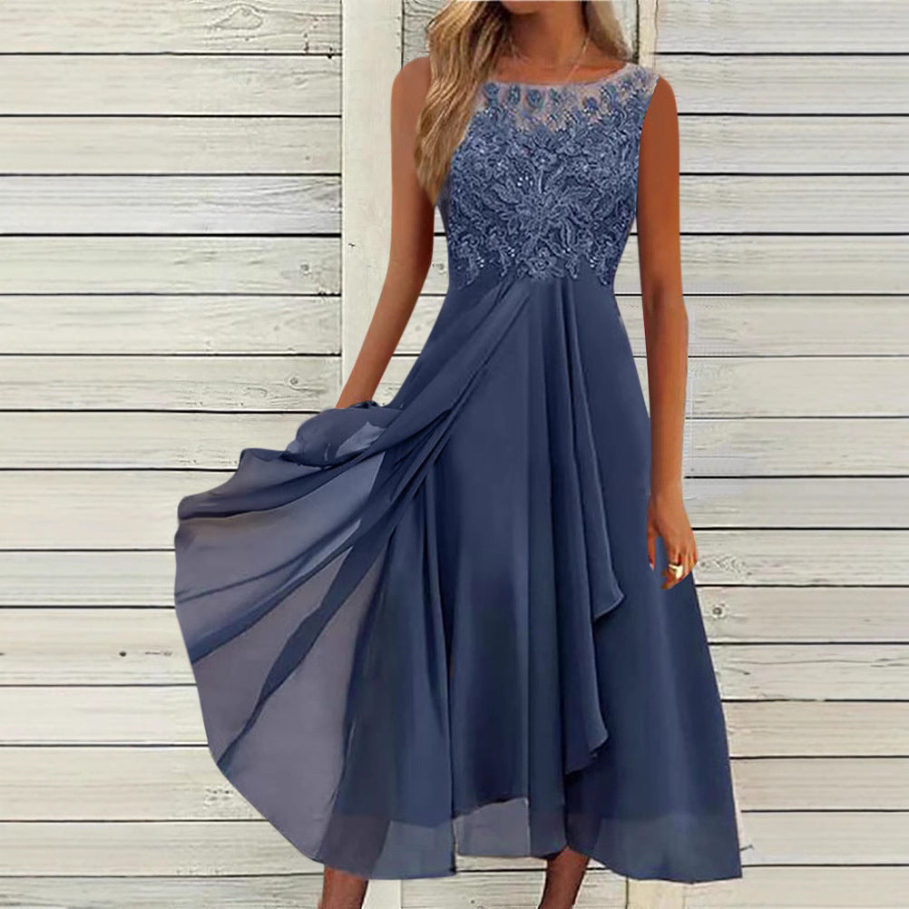 Damen nan ärmelloses Chiffon-Midikleid mit bestickter Illusionsspitze, Schiff-Ausschnitt und mehrlagigem Schwingrock Echoarchiv