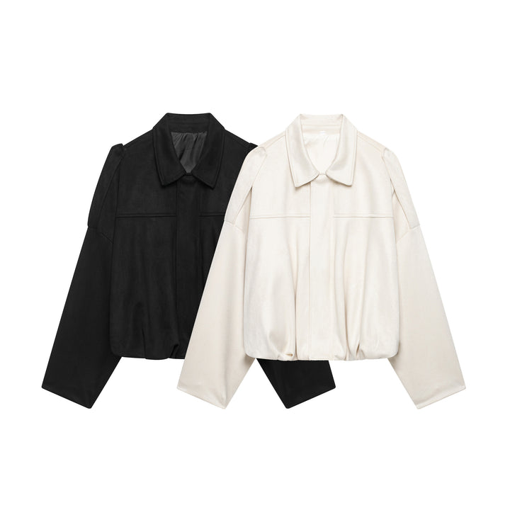Damen Cropped-Boxy-Jacke aus Veloursoptik mit Hemdkragen, weiten Raglanärmeln und Tunnelzug Echoarchiv
