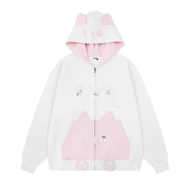 Damen Kapuzen-Sweatjacke mit Ohren, durchgehendem Reißverschluss, Kängurutasche mit Pfoten‑Applikation und verspielten Stickereien Echoarchiv