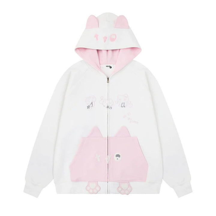 Damen Kapuzen-Sweatjacke mit Ohren, durchgehendem Reißverschluss, Kängurutasche mit Pfoten‑Applikation und verspielten Stickereien Echoarchiv