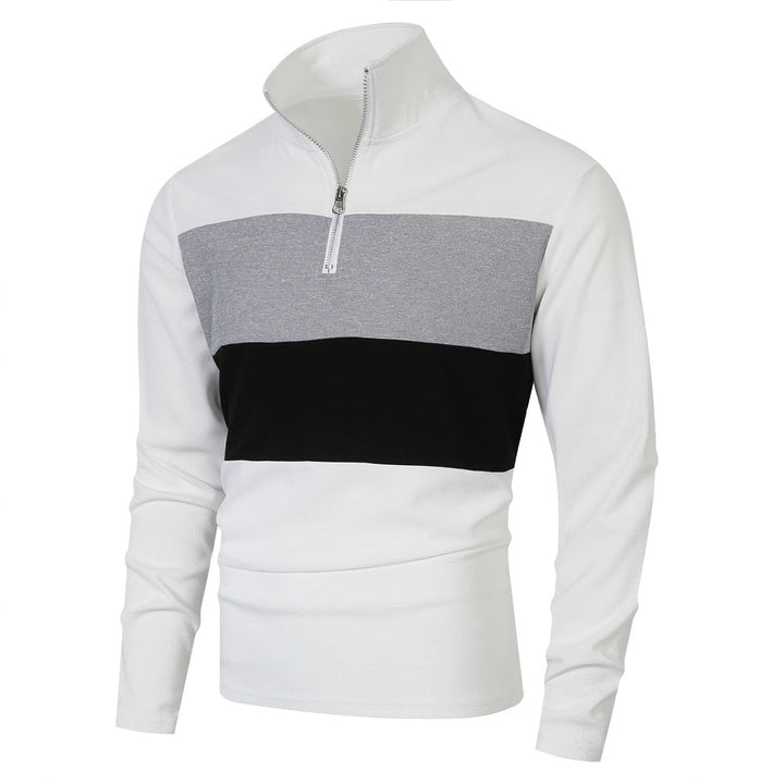 Herren Halbzip-Pullover mit Stehkragen, breitem Blockstreifen und fein gerippter Struktur – Norvane