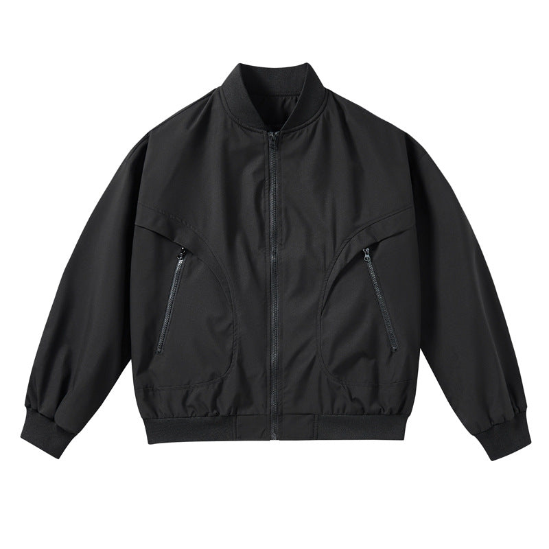 Unisex lightweight stretch shell zip-front bomber jacket with curved zip utility pockets – Brevano
