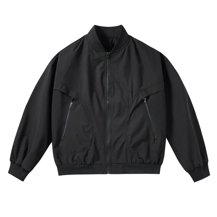 Unisex lightweight stretch shell zip-front bomber jacket with curved zip utility pockets – Brevano