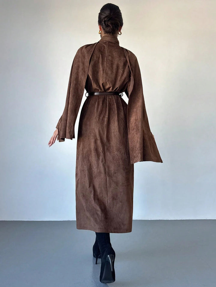Damen Mantel mit Cape-Overlay und Wickelkragen aus Velourslederoptik Echoarchiv