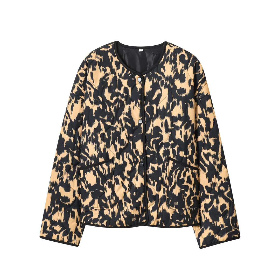 Damen gesteppte Kurzjacke mit animalischem Print, Rundhalsausschnitt und Druckknopfleiste – Célinea
