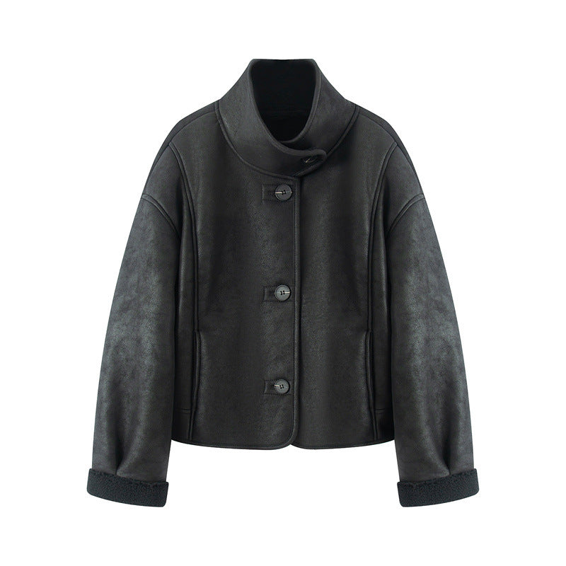 Damen kurze Lammfelloptik-Jacke mit hohem Stehkragen und geknöpfter Front – Célinea