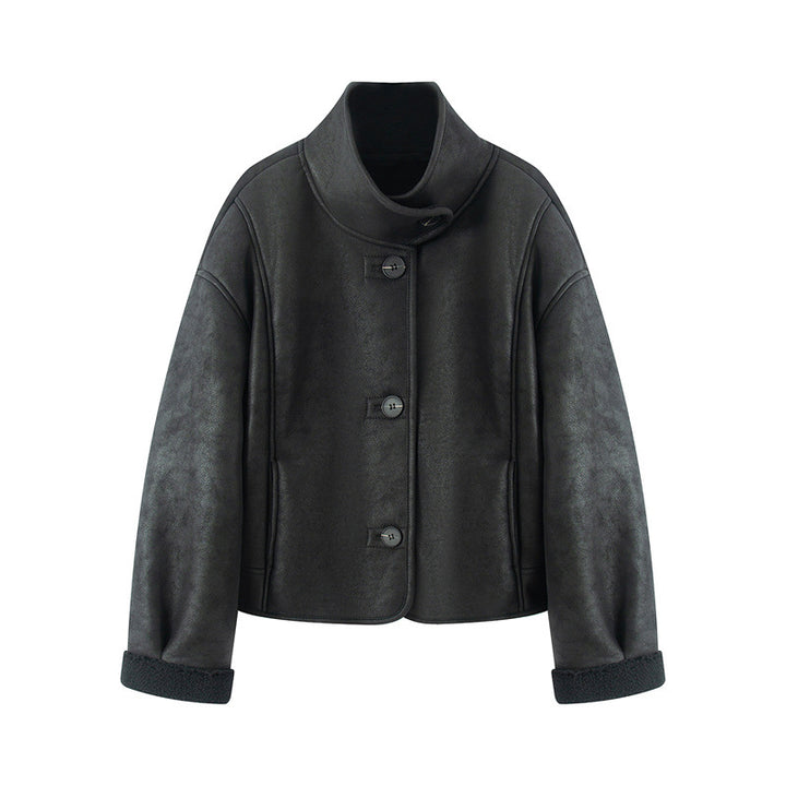 Damen kurze Lammfelloptik-Jacke mit hohem Stehkragen und geknöpfter Front – Célinea