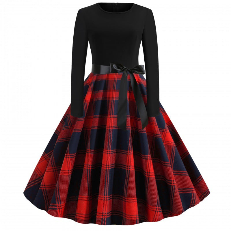 Damen Vintage Tellerrockkleid mit Karo-Tellerrock, figurbetontem Langarmoberteil und Satinschärpe – Valéora