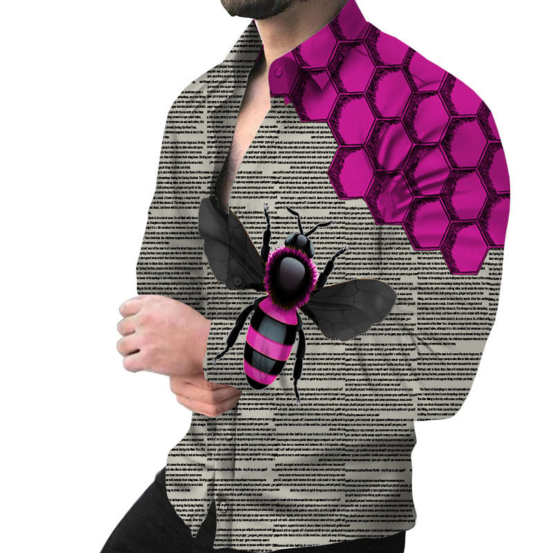 Herren Kreatives Langarmhemd mit künstlerischem Bienenmuster und strukturiertem Design Echoarchiv