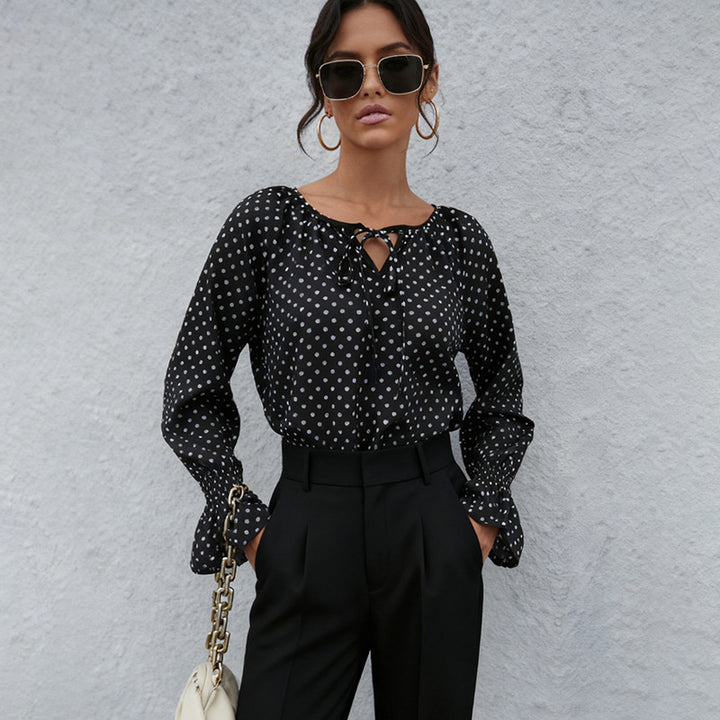 Damen Chiffonbluse mit Polka-Dots, BindEchoarchivand-Ausschnitt und smockgesmokten Manschetten Echoarchiv