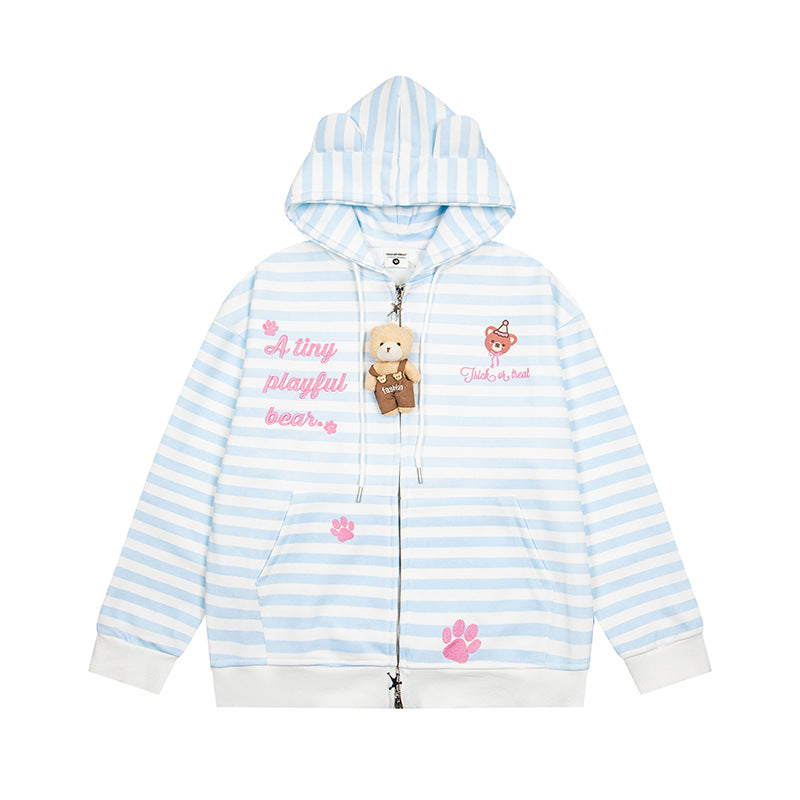 Damen Gestreifte Kapuzen-Sweatjacke mit Teddy-Anhänger, Ohren-Kapuze und Stickdetail Echoarchiv