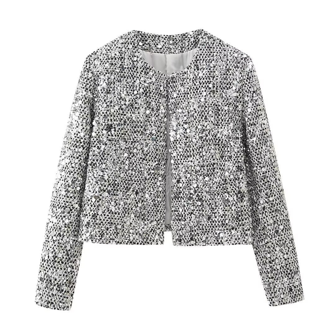 Damen nan gefütterte Bouclé-Kurzjacke mit Paillettenbesatz, Rundhalsausschnitt und offener Front Echo Archiv