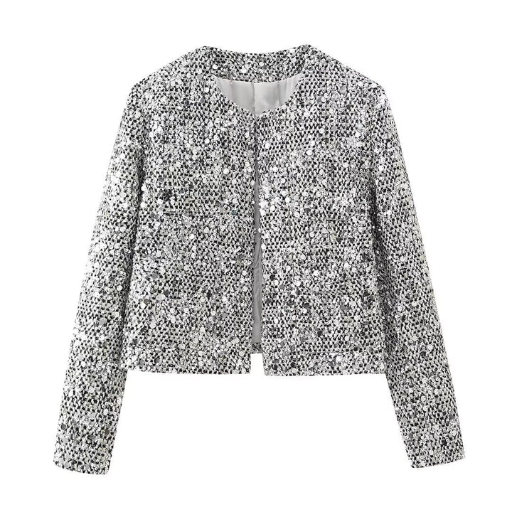 Damen nan gefütterte Bouclé-Kurzjacke mit Paillettenbesatz, Rundhalsausschnitt und offener Front Echo Archiv