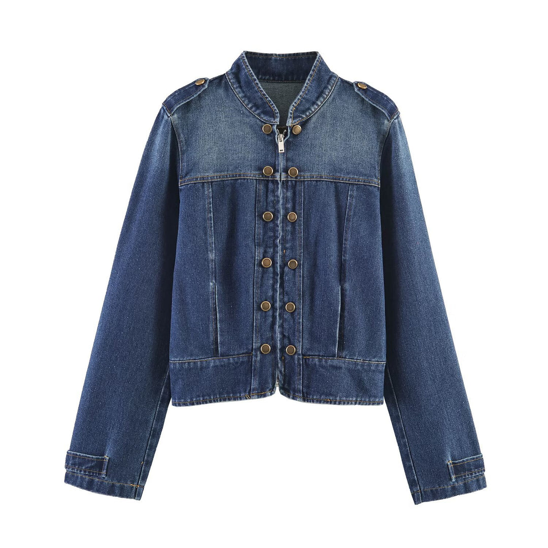 Damen Jeansjacke mit Stehkragen, Doppelreihen‑Druckknöpfen und Schulterklappen Echo Archiv