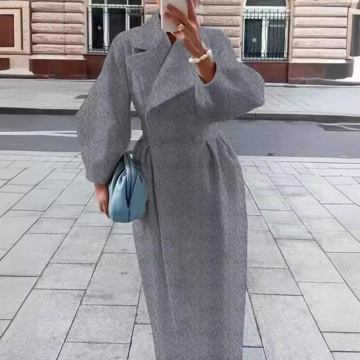 Damen Maxi-Wickelmantel mit seitlichem Schlitz und Ballonärmeln – Avérine